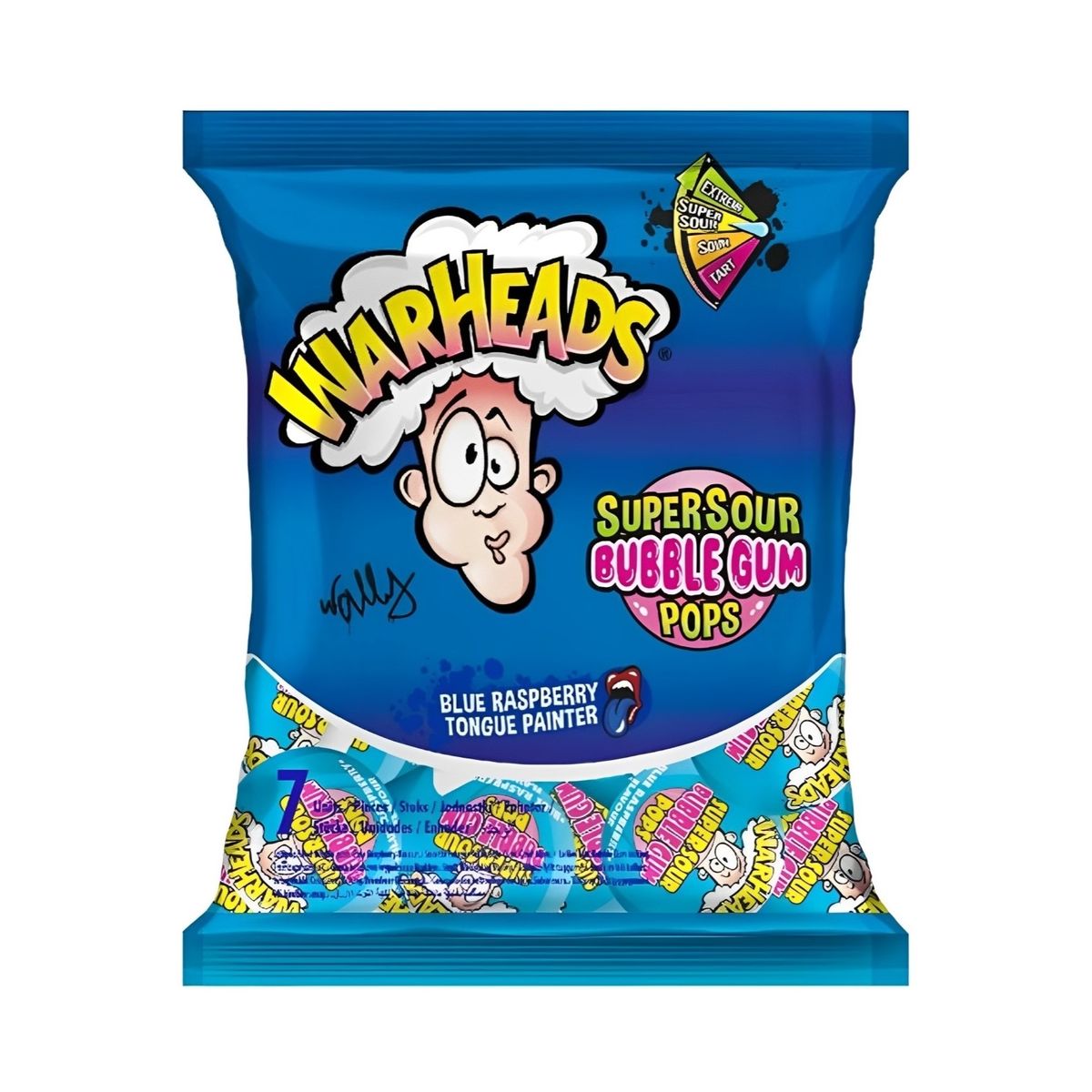 Pulgakommid nätsuga WARHEADS BUBBLE GUM POPS (SUPER SOUR BLUE RASPBERRY ...